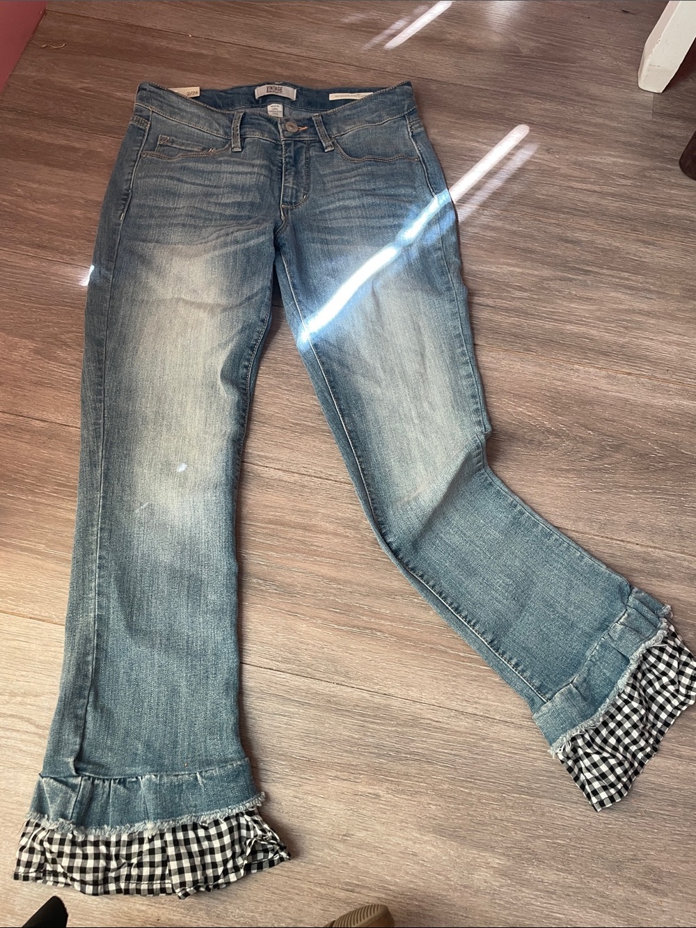 Vintage Light Blue Flare Jeans with Black & White Gingham Ruffle